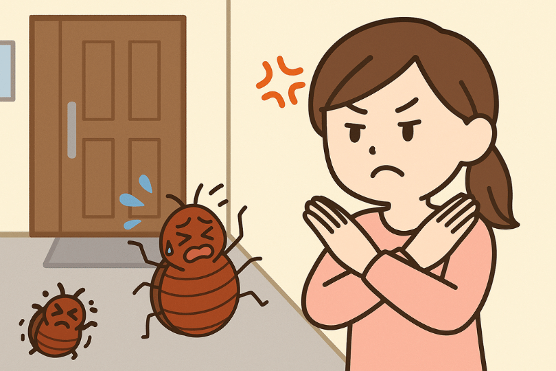 女性が玄関でトコジラミの侵入を防いでいるイラスト